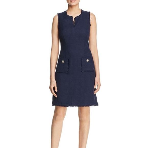 Karl Lagerfeld Paris Sleeveless Navy Blue Tweed Fringe Sheath Dress Size 6 - Picture 1 of 10